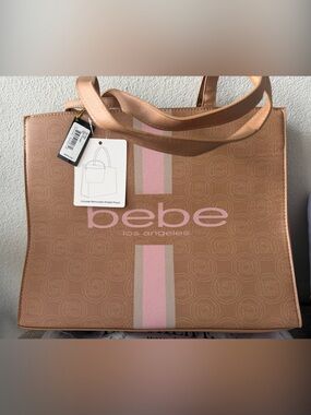bebe Metallic Rose Gold Tote with Pink Stripe